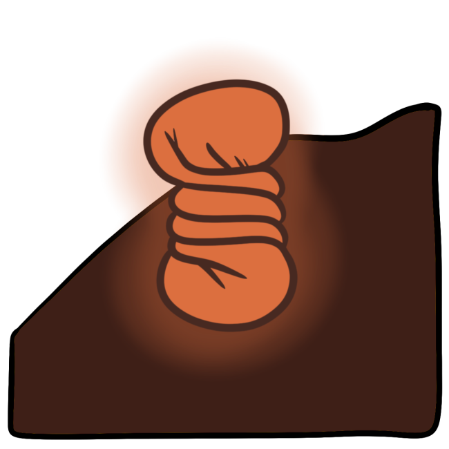 A twisted glowing orange wrinkled blob. Curved dark brown skin fills the bottom half of the background.